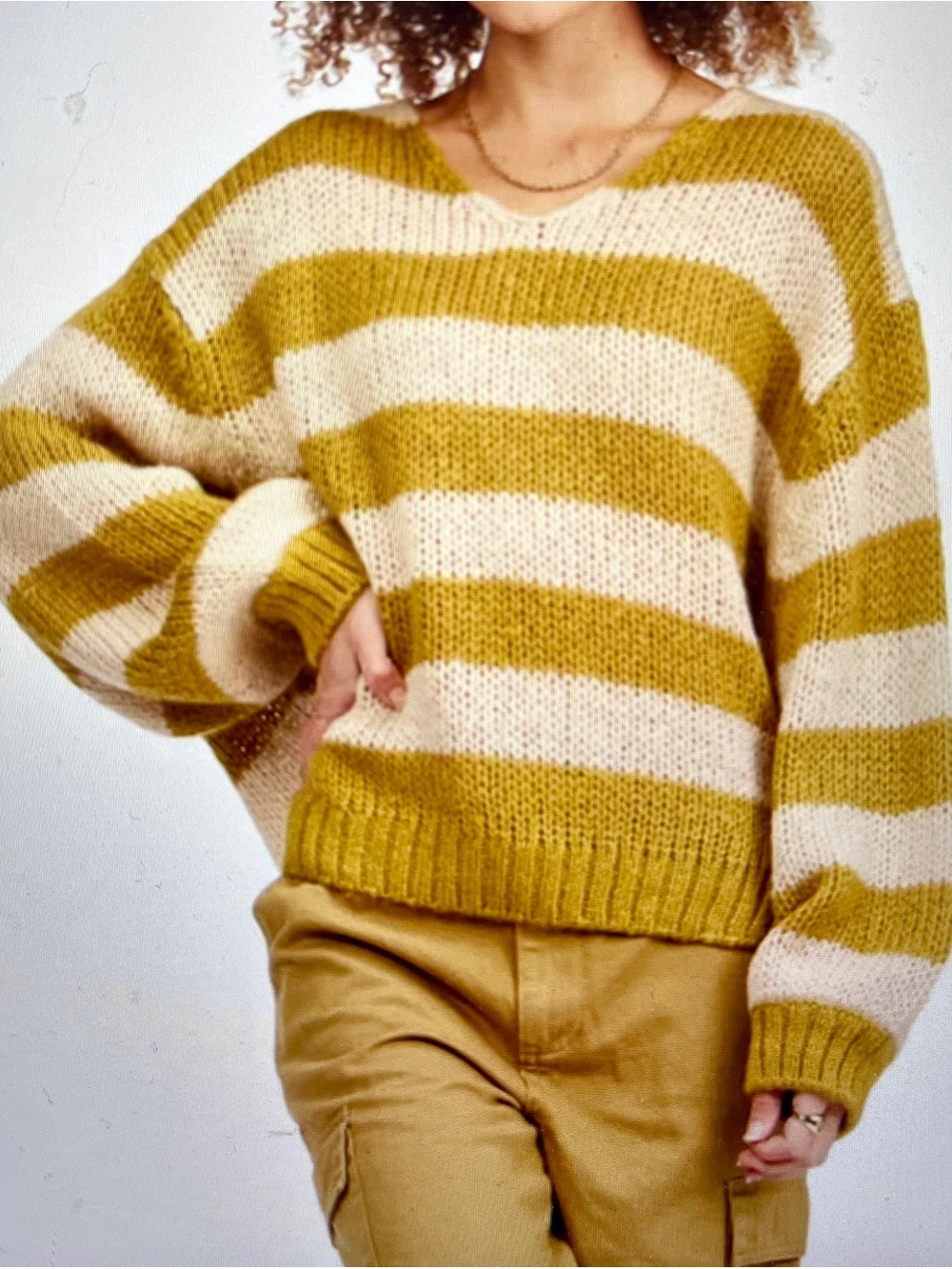 Billabong Olive Green and Cream Striped Beachy Sweater Medium